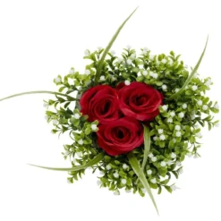 Composition fleur artificielle rose rouge pot ciment forme coeur