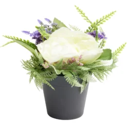 Composition florale artificielle pot pivoine/lavande/fougère H26cm
