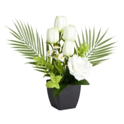 Composition florale artificielle roses et tulipes blanches pot 20x18xH34cm