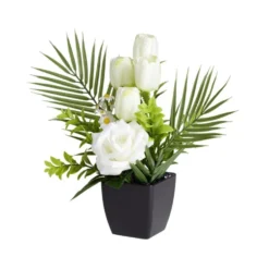 Composition florale artificielle roses et tulipes blanches pot 20x18xH34cm