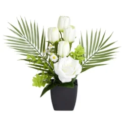 Composition florale artificielle roses et tulipes blanches pot 20x18xH34cm