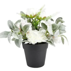 Composition florale artificielle pot pivoine/hortensia/oreille d'ours