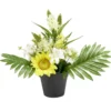 Composition florale artificielle pot tournesol/delphinium/échinops 14 tiges