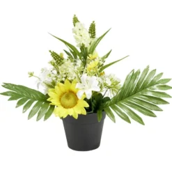 Composition florale artificielle pot tournesol/delphinium/échinops 14 tiges