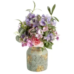 Composition florale artificielle rose et hortensia violet vase ciment H45cm