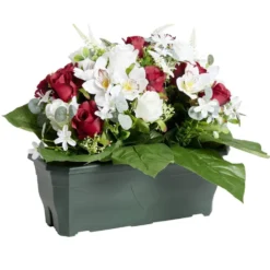 Composition florale artificielle rose orchidée bruyère rouge jardinière H42cm
