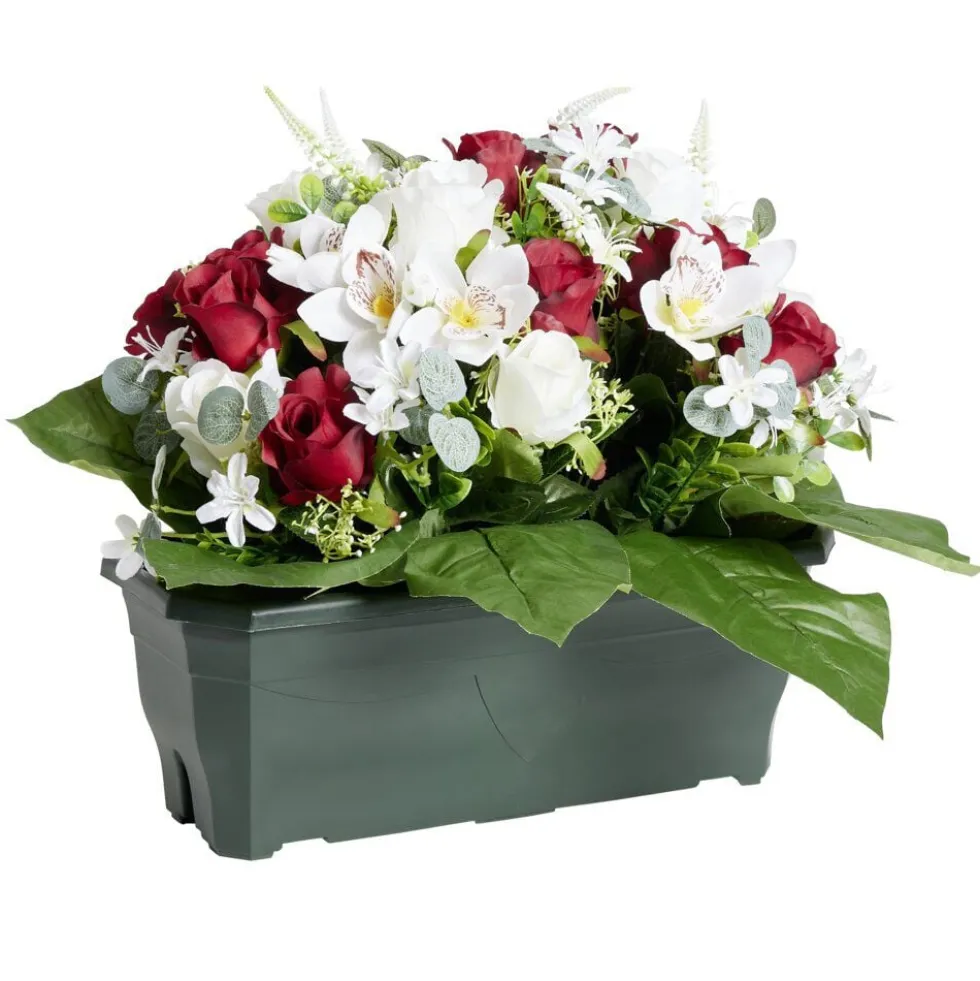 Composition florale artificielle rose orchidée bruyère rouge jardinière H42cm