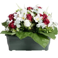 Composition florale artificielle rose orchidée bruyère rouge jardinière H42cm
