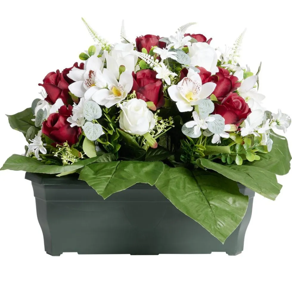 Composition florale artificielle rose orchidée bruyère rouge jardinière H42cm