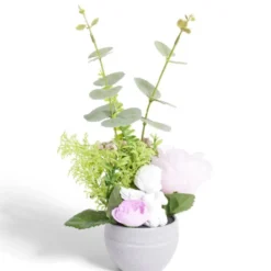 Composition funéraire ange avec rose/eucalyptus rose Ø16xH28cm
