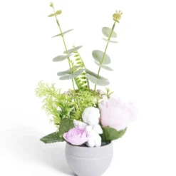 Composition funéraire ange avec rose/eucalyptus rose Ø16xH28cm
