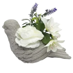 Composition pot ciment pivoine fleur artificielle décor statuette ange