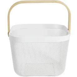 Corbeille à fruit métal mesh blanc et anse bambou