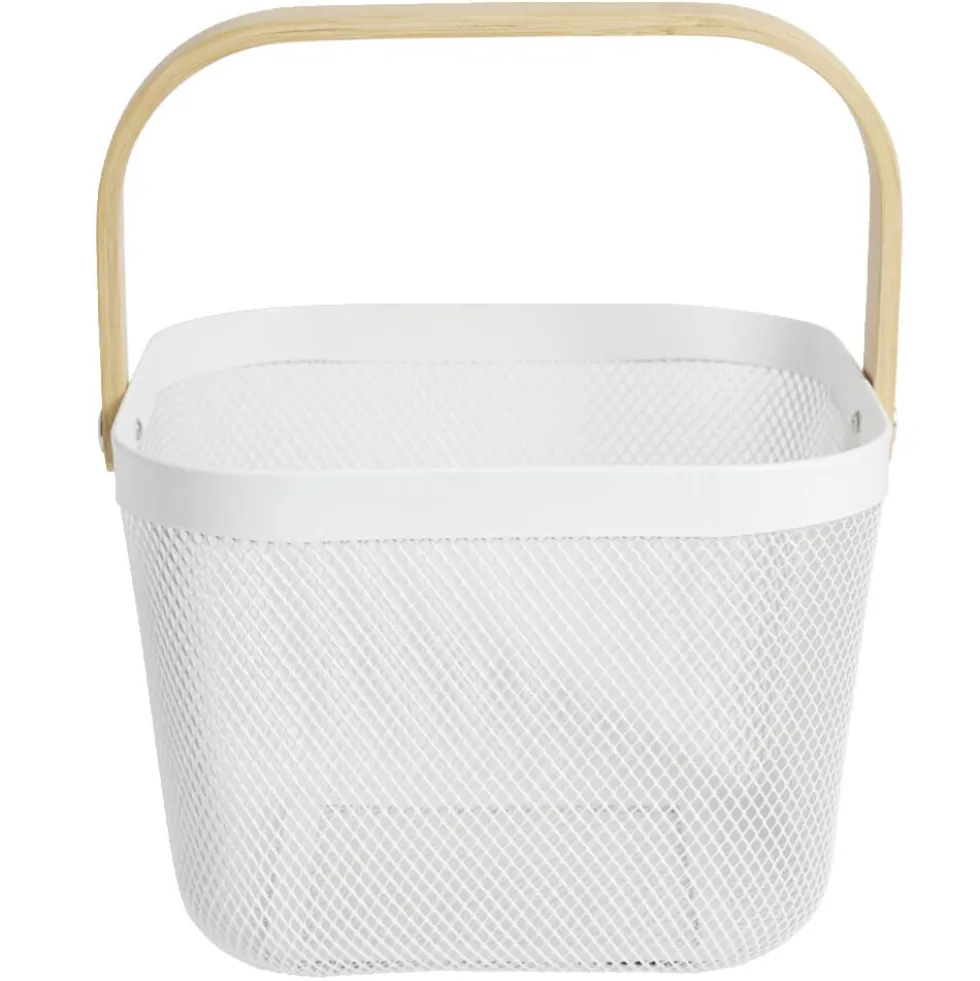 Corbeille à fruit métal mesh blanc et anse bambou