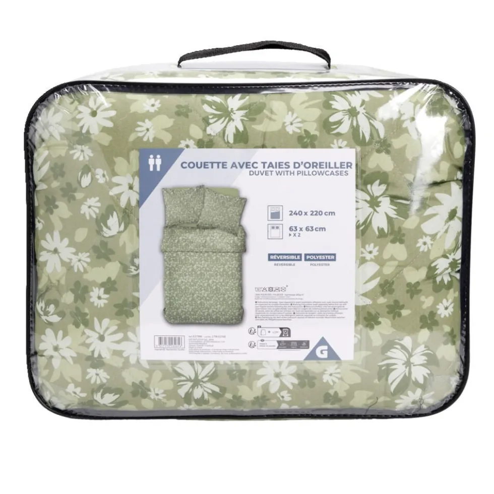 Couette 2 personnes 240x220cm avec 2 taies d'oreiller polyester motif floral vert