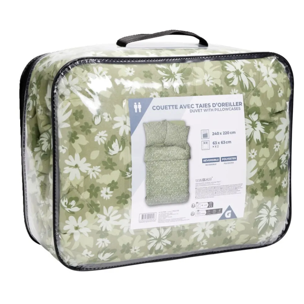 Couette 2 personnes 240x220cm avec 2 taies d'oreiller polyester motif floral vert