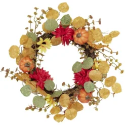 Couronne artificielle automne fleurs feuilles et citrouilles Ø45cm