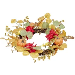Couronne artificielle automne fleurs feuilles et citrouilles Ø45cm