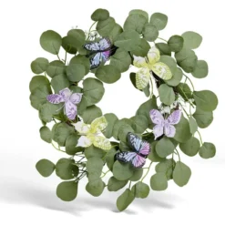Couronne déco printemps eucalyptus artificiel et papillons Ø45cm