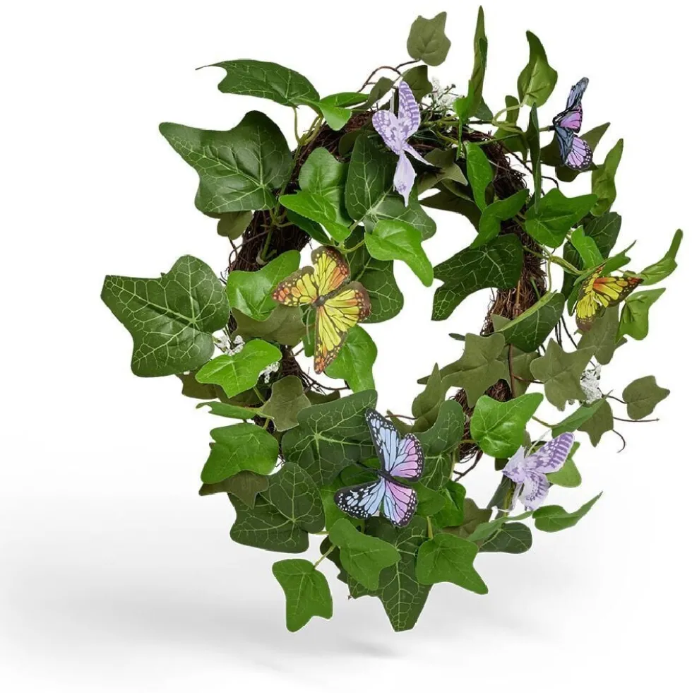 Couronne déco printemps lierre artificiel et papillons Ø45cm