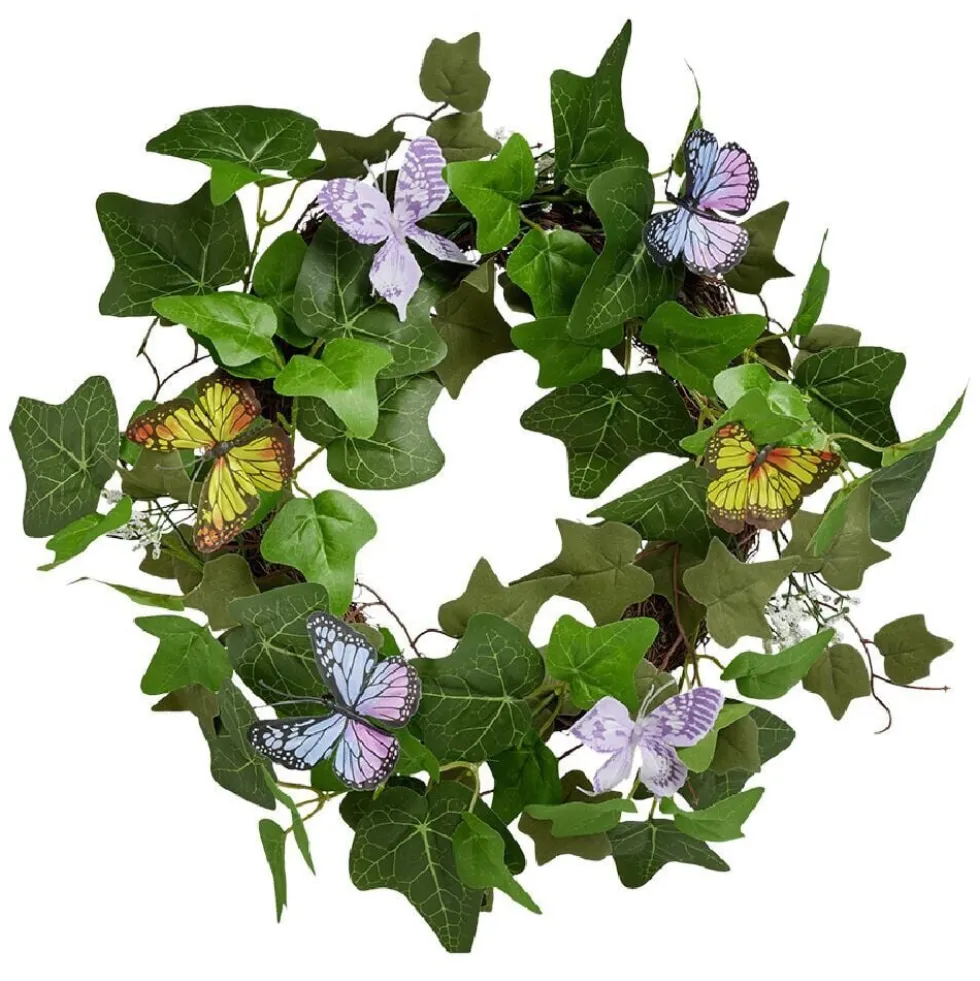 Couronne déco printemps lierre artificiel et papillons Ø45cm