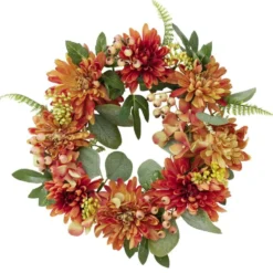 Couronne de fleurs artificielles dahlia et gypsophile orange Ø30cm