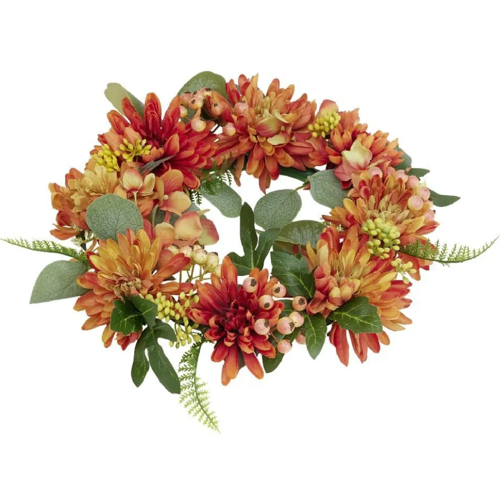 Couronne de fleurs artificielles dahlia et gypsophile orange Ø30cm