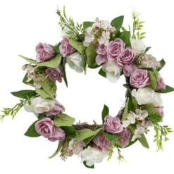 Couronne fleur artificielle mini rose blanche et rose Ø35cm