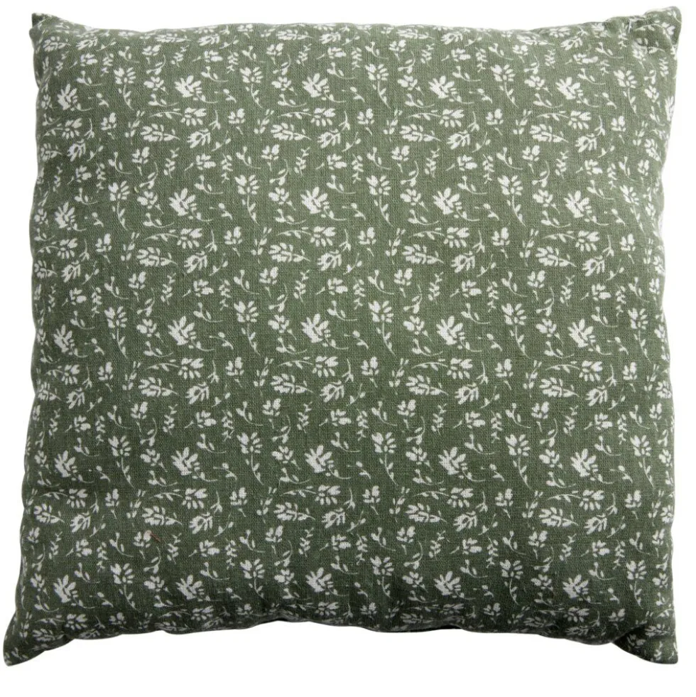 Coussin carré déperlant vert sapin motif floral blanc 40x40cm