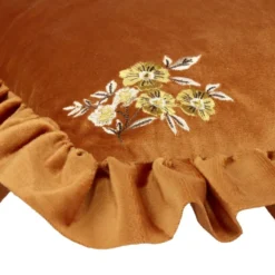 Coussin carré à volant angles fleurs brodées 40x40cm (2 modèles marron ou vert)