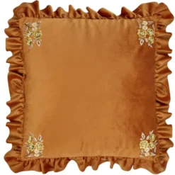 Coussin carré à volant angles fleurs brodées 40x40cm (2 modèles marron ou vert)