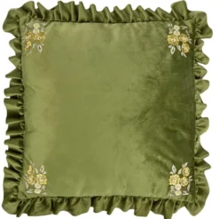 Coussin carré à volant angles fleurs brodées 40x40cm (2 modèles marron ou vert)