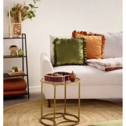 Coussin carré à volant angles fleurs brodées 40x40cm (2 modèles marron ou vert)