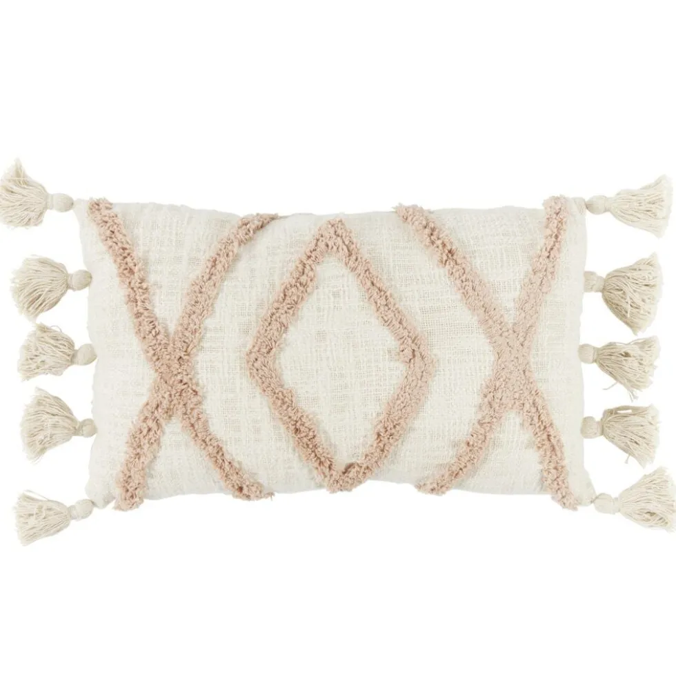 Coussin déco pompon ethnique 30x50cm beige