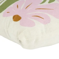 Coussin déco rectangulaire blanc motif floral rose et vert 30x50cm