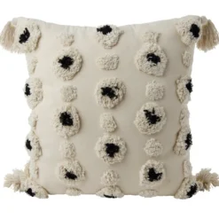 Coussin déco tufté pompons beige et noir