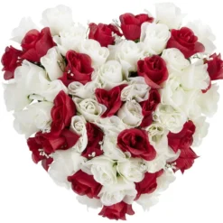 Coussin de fleurs forme coeur - Rose artificielle rouge blanc