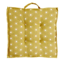 Coussin de sol carré jaune moutarde motifs pois blancs 40x40cm