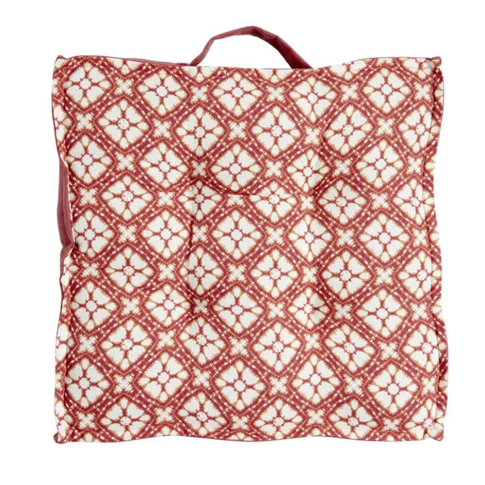 Coussin de sol carré rouge terracotta motifs blancs 40x40cm