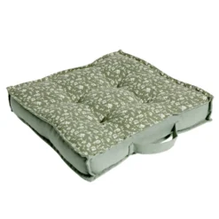 Coussin de sol carré vert sapin motif floral blanc 40x40cm