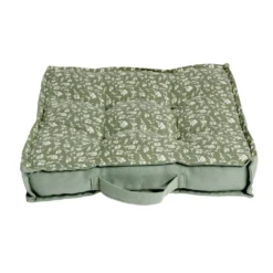 Coussin de sol carré vert sapin motif floral blanc 40x40cm