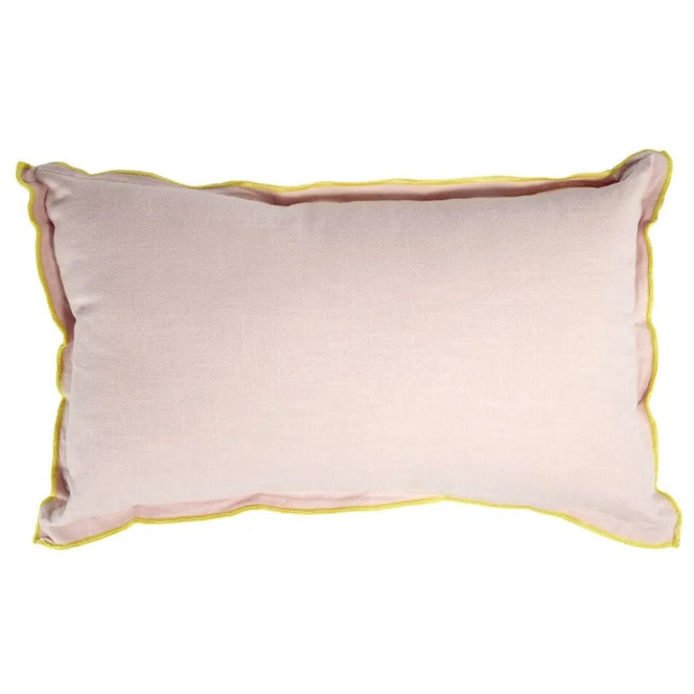 Coussin rectangulaire en lin et coton rose bord orange 30x50cm