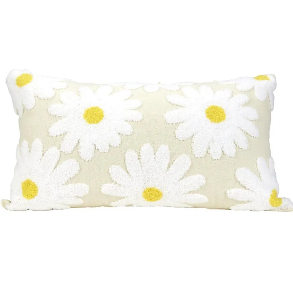 Coussin rectangulaire en polycoton blanc motif relief marguerite 30x50cm