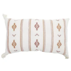 Coussin rectangulaire Indie blanc motif orange avec pompons 30x50cm