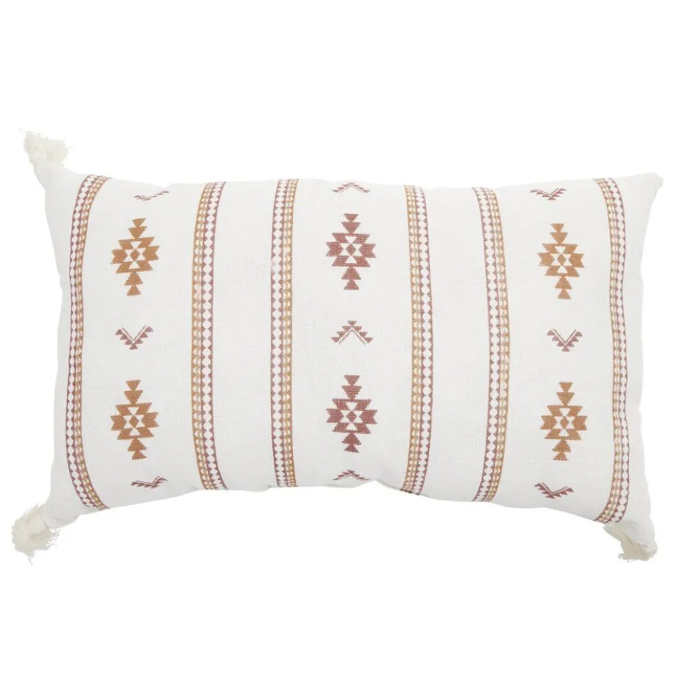 Coussin rectangulaire Indie blanc motif orange avec pompons 30x50cm