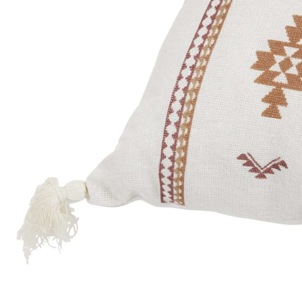 Coussin rectangulaire Indie blanc motif orange avec pompons 30x50cm