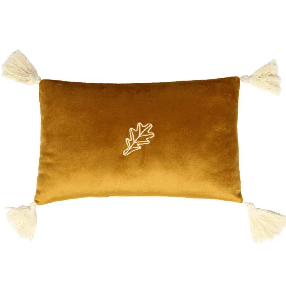 Coussin rectangulaire marron 4 pompons 1 motif nature 20x30cm (2 modèles)
