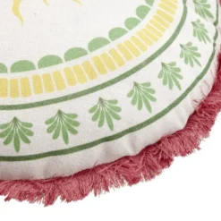 Coussin rond lin motif estival bord à franges Ø40cm (2 modèles soleil ou palmier)