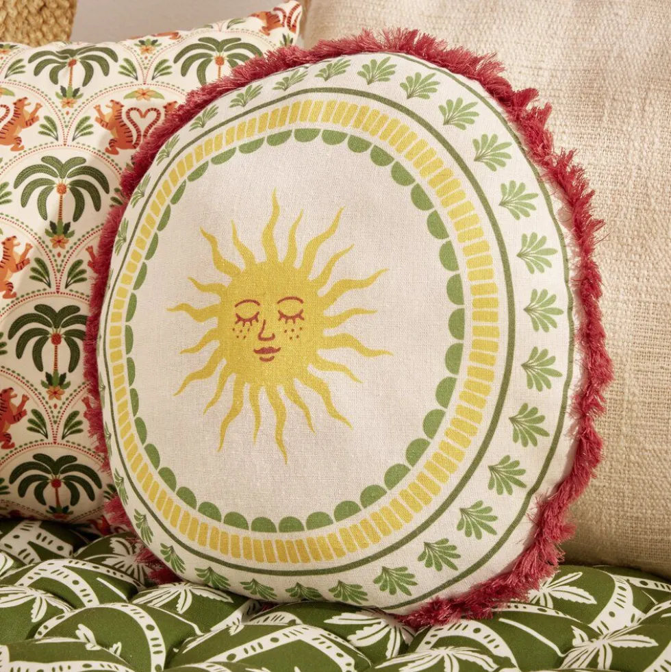 Coussin rond lin motif estival bord à franges Ø40cm (2 modèles soleil ou palmier)