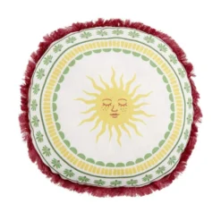 Coussin rond lin motif estival bord à franges Ø40cm (2 modèles soleil ou palmier)